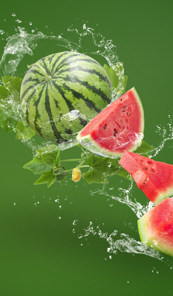 Куски арбуза с в брызгах воды на зеленом фоне