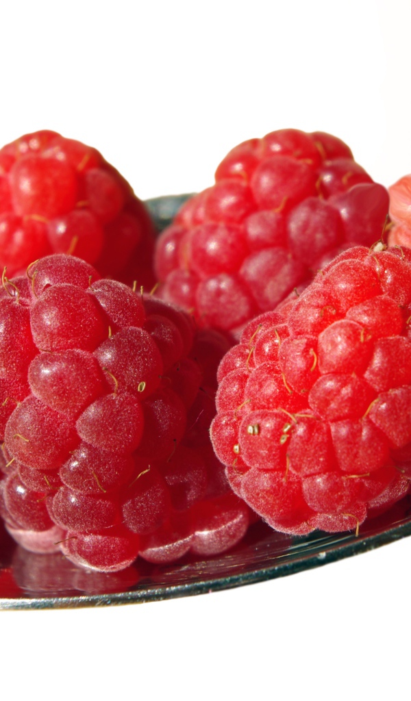 Спелая красная малина в ложке на белом фоне 