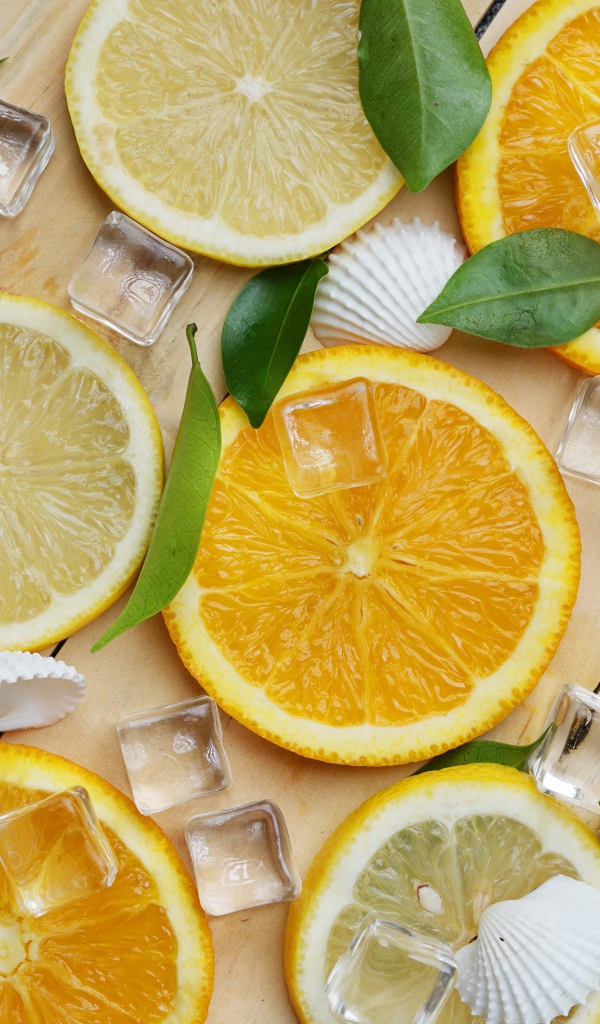Кусочки апельсина и лимона на столе с кубиками льда и ракушками