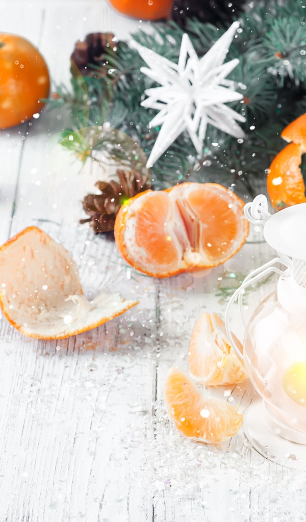 Мандарины и еловая ветка на столе с лампой