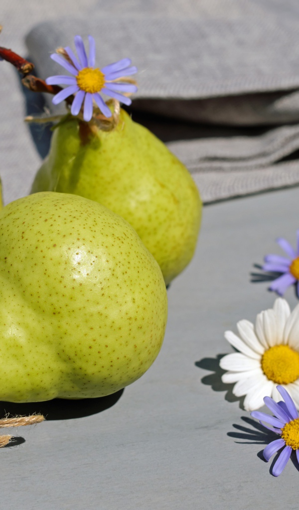 Три груши на столе с цветами