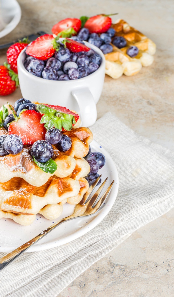 Вкусные сладкие вафли на тарелке с ягодами и сахарной пудрой 