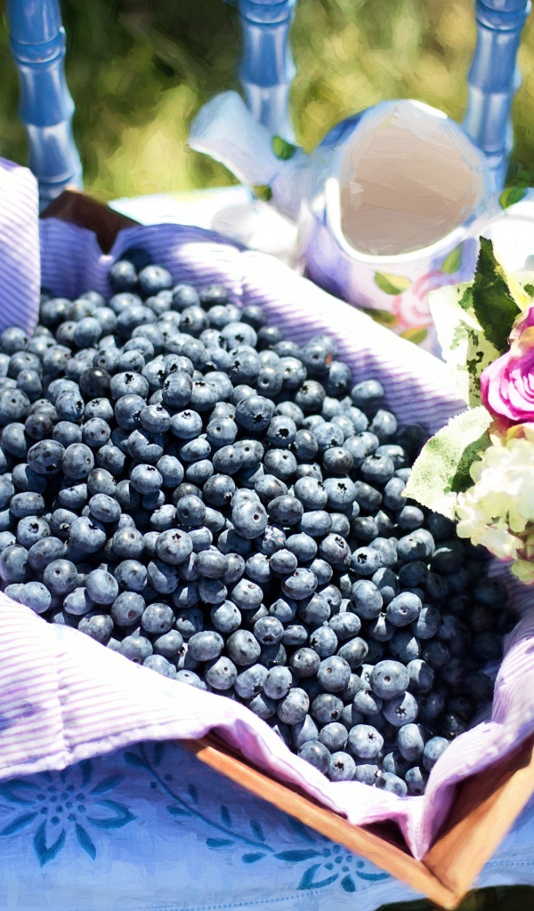 Корзина со спелыми ягодами черники стоит на столе