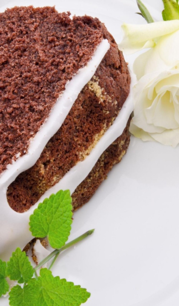 Кусок шоколадного пирога на тарелке с белой розой 