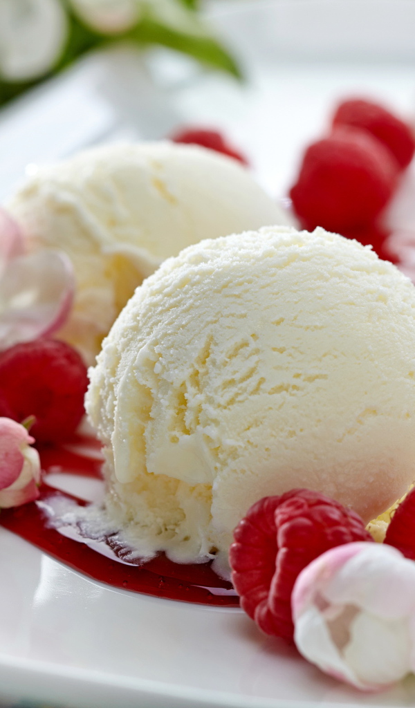 Шарики сливочного мороженого на тарелке с малиной и цветами