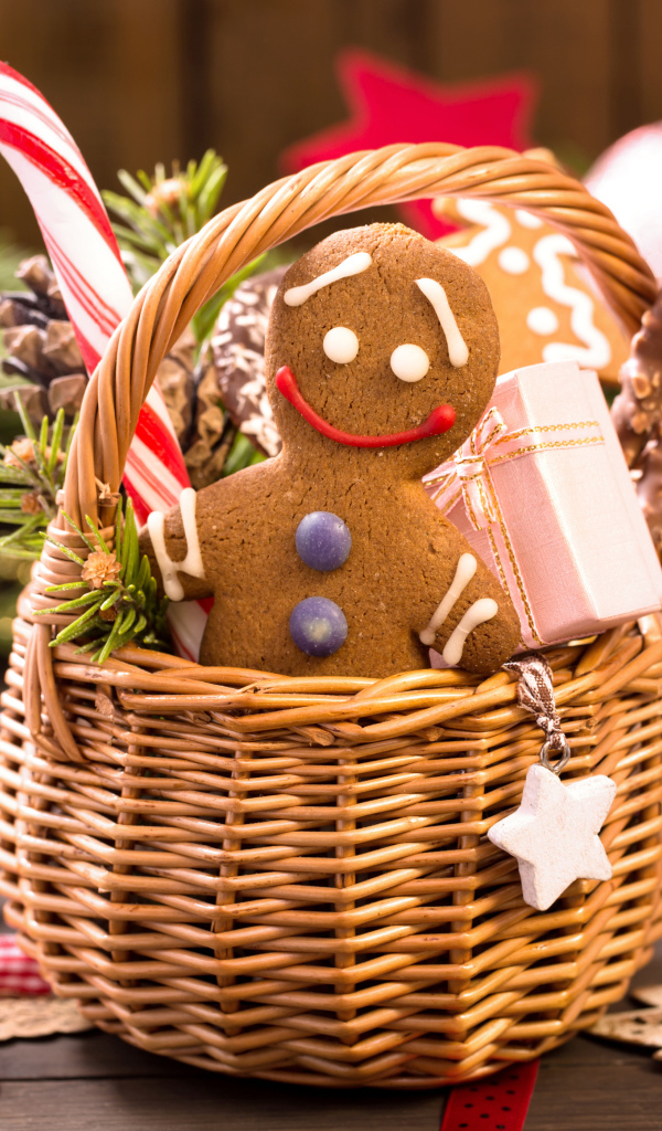 Красивое рождественское печенье в корзине со сладостями