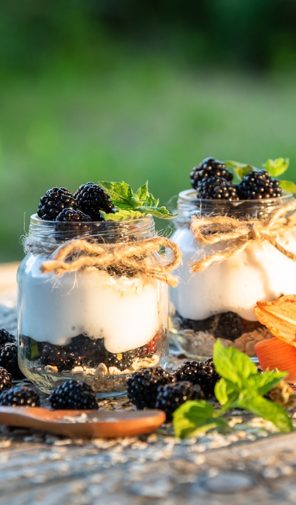 Blackberries in jars of yogurt