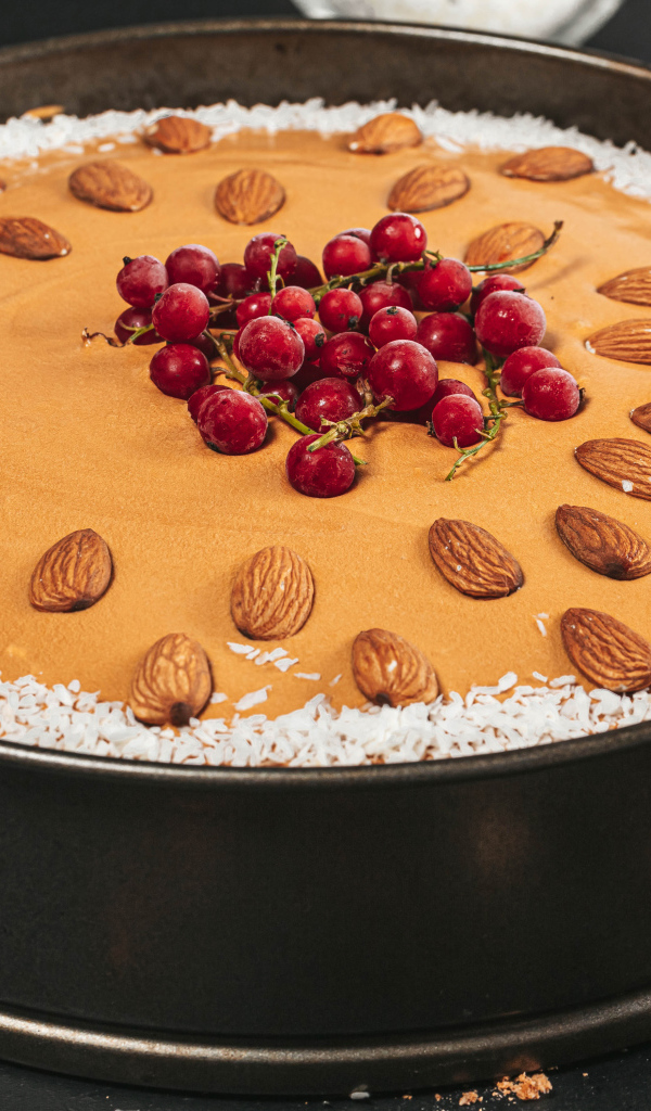 Торт с миндальными орехами, кокосовой стружкой и красной смородиной