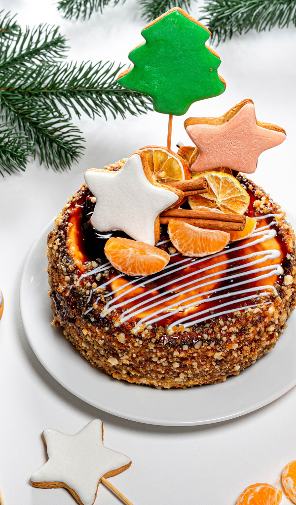 Торт с мандаринами и печеньем на столе с еловой веткой