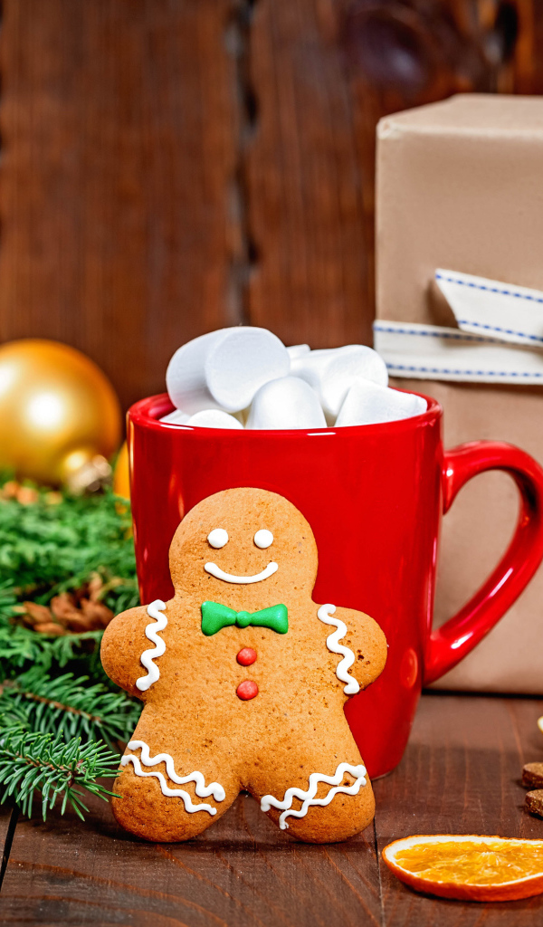 Печенье, чашка, еловая ветка и подарок на Рождество 