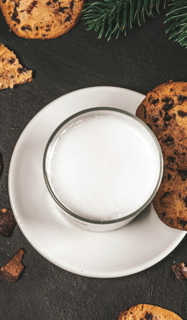 Печенье с шоколадом на столе со стаканом молока 