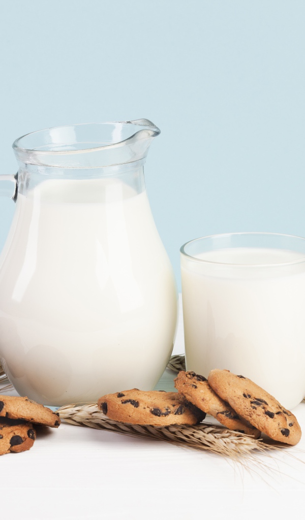 Печенье с шоколадом на столе с молоком и колосьями пшеницы