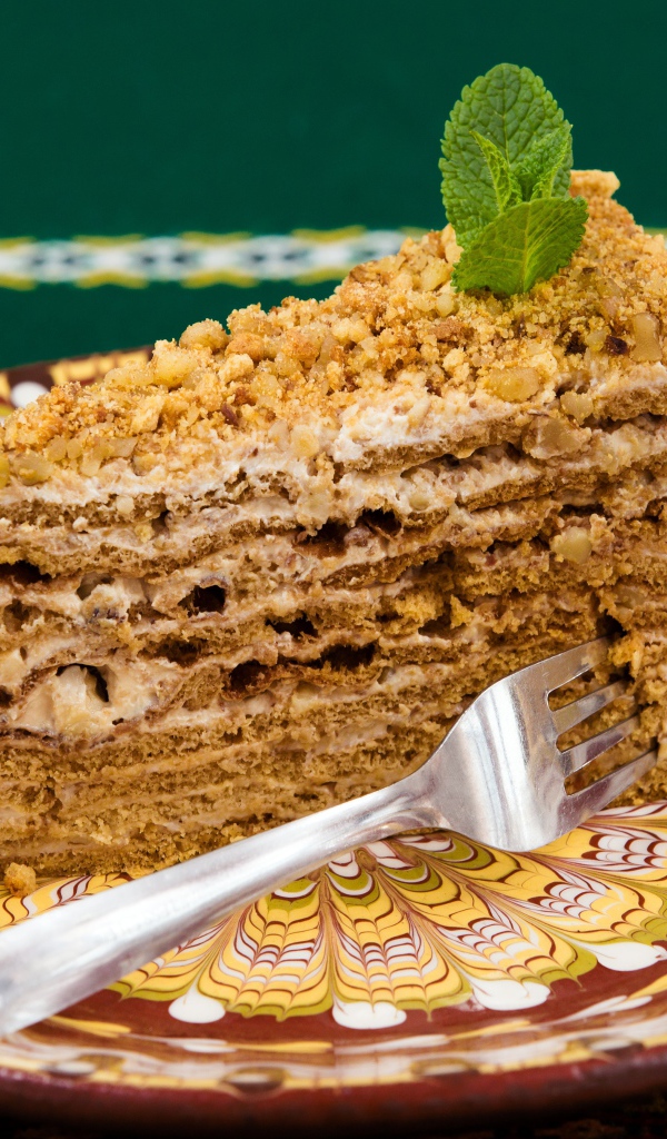 Вкусный медовый торт с орехами на красивой тарелке 