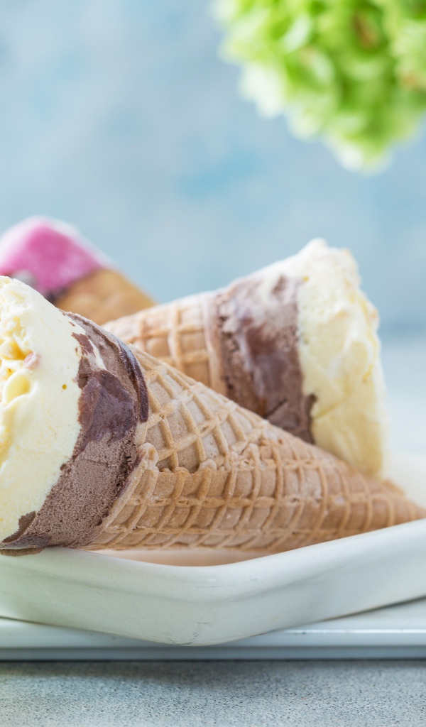 Мороженое рожок в вафельной трубочке на столе 