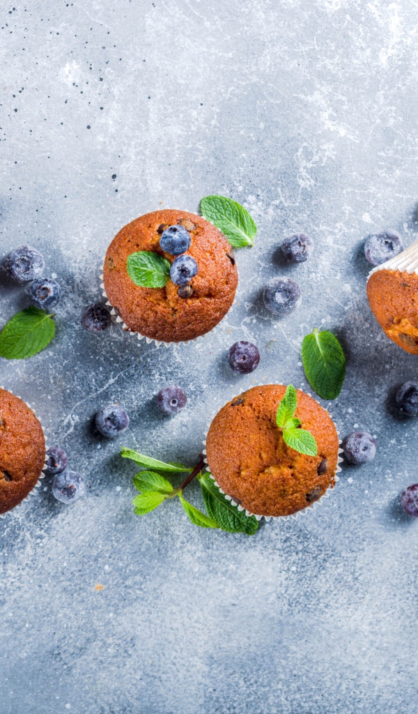 Румяные кексы на столе с ягодами черники