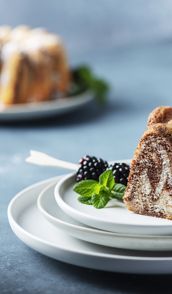 Кусочки кекса на тарелке с ягодами ежевики