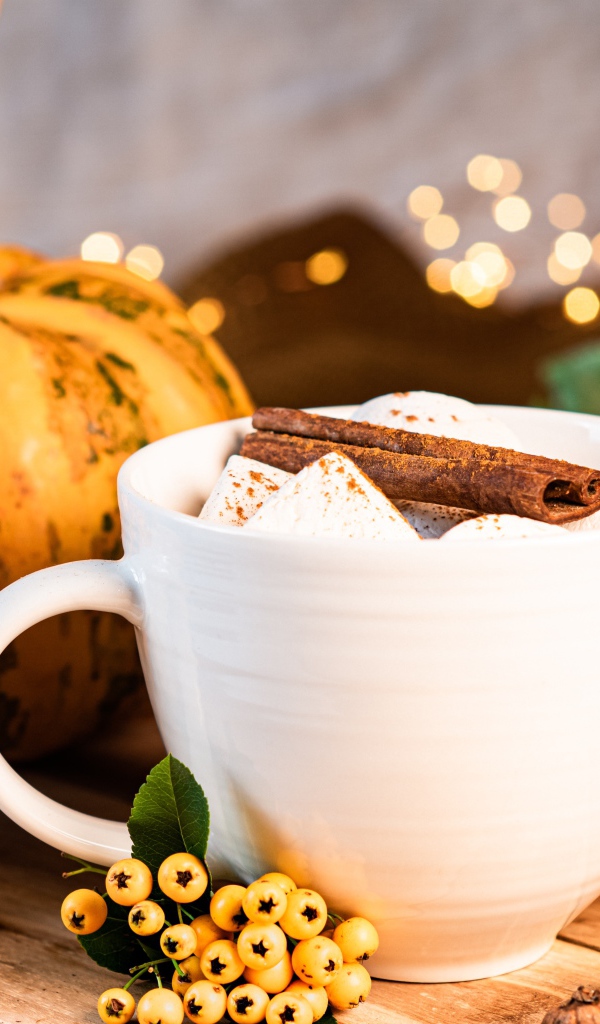 Чашка горячего маршмеллоу с корицей на столе с тыквой и шишками