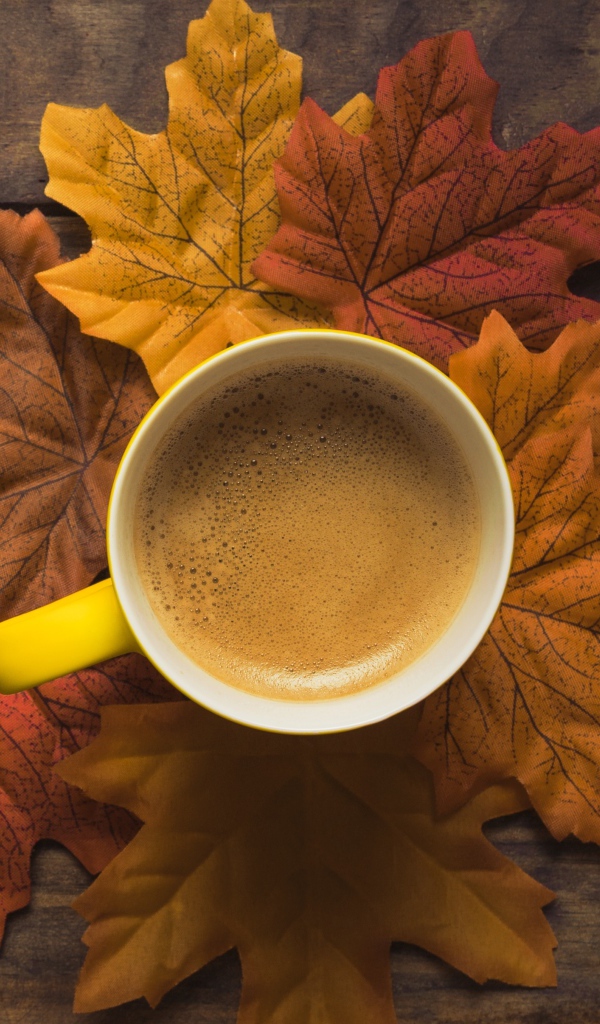 Чашка горячего кофе стоит на осенних листьях 