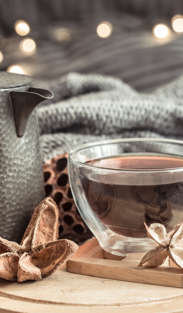 Чашка чая на столе с чайником и теплым пледом