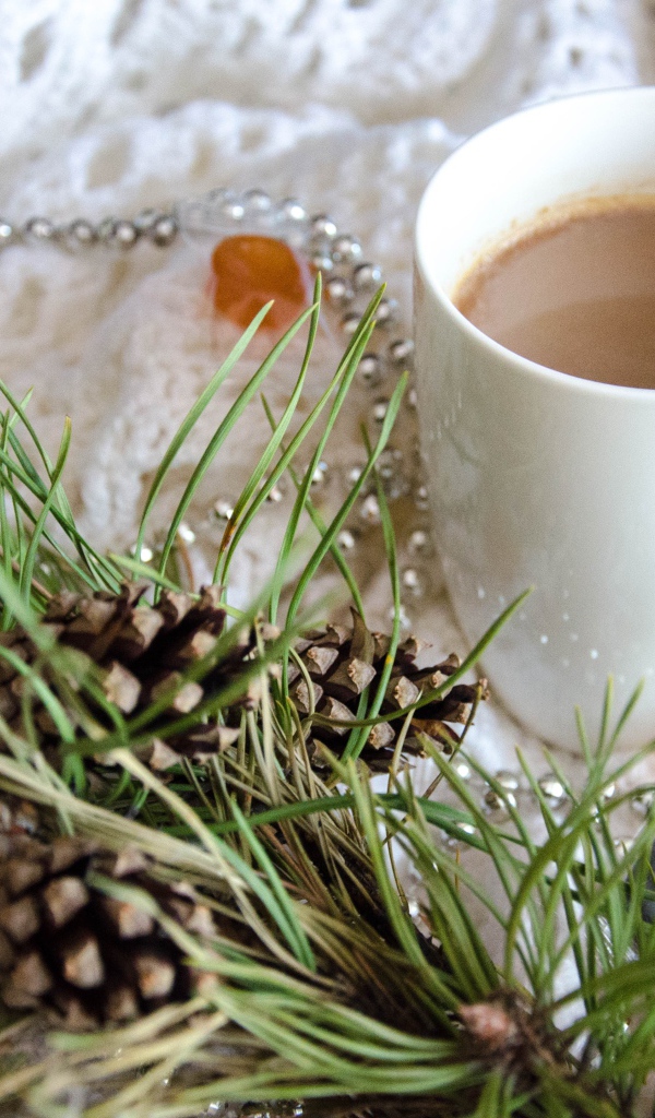 Чашка горячего какао с веткой сосны и апельсинами