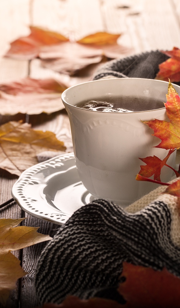 Чашка чая на столе с осенними листьями и пледом