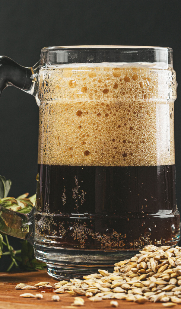 Темное пиво в бокале на столе с хмелем и зернами пшеницы 