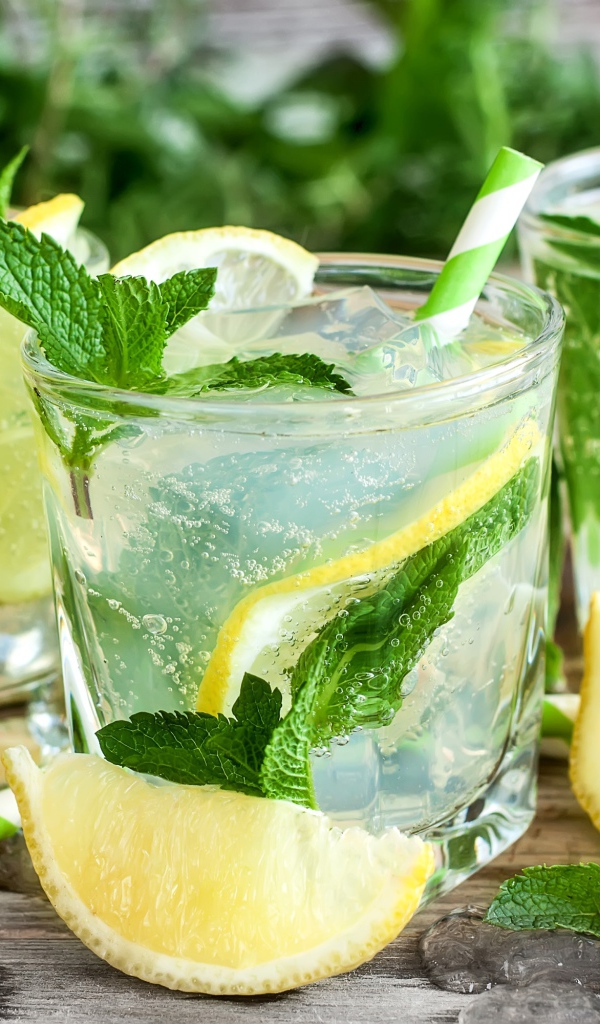 Лимонад с мятой и кусочками лимона в стаканах на столе