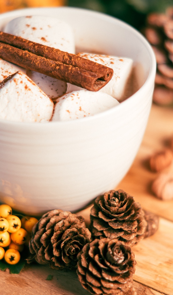 Маршмеллоу в чашке с корицей на столе с шишками и гроздьями рябины