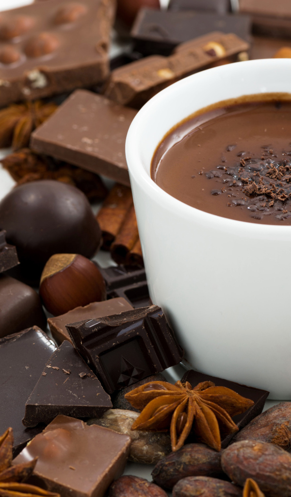 Белая чашка горячего шоколада на столе с шоколадом