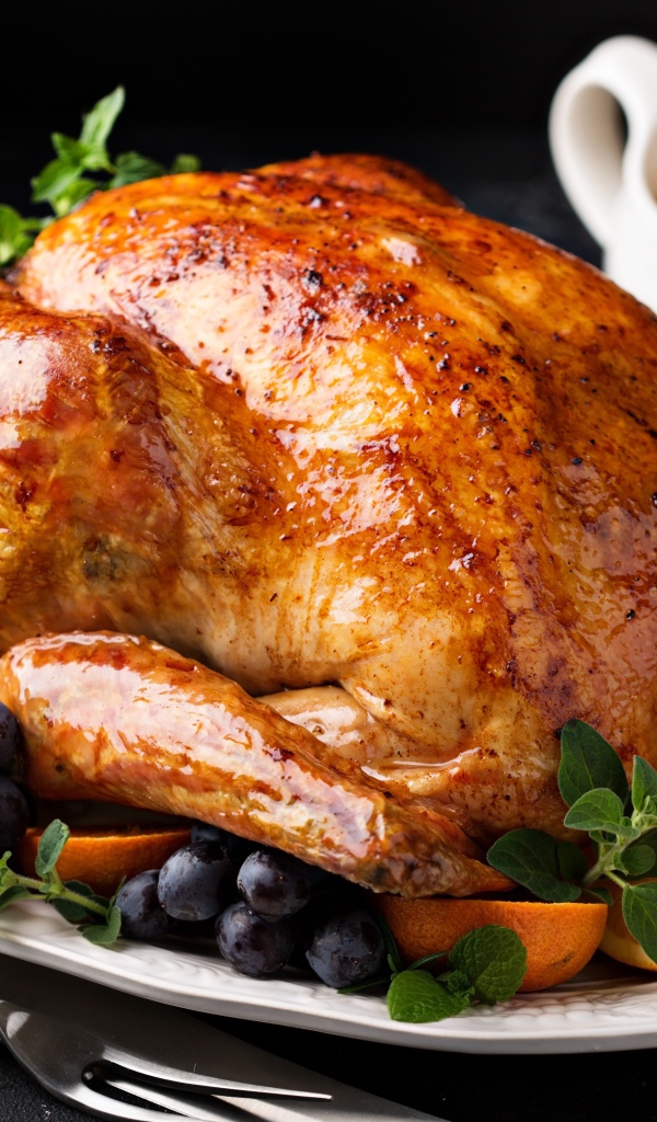 Аппетитная сочная запеченная курица на тарелке с апельсином и виноградом
