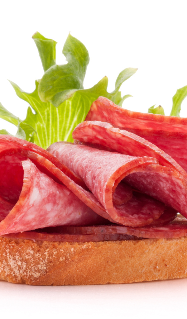 Бутерброд с листьями салата и колбасой на белом фоне