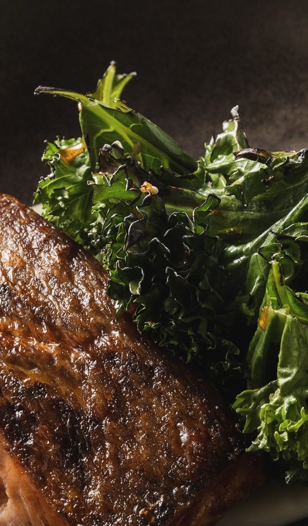 Кусок запеченной рыбы с листьями салата в сковороде 