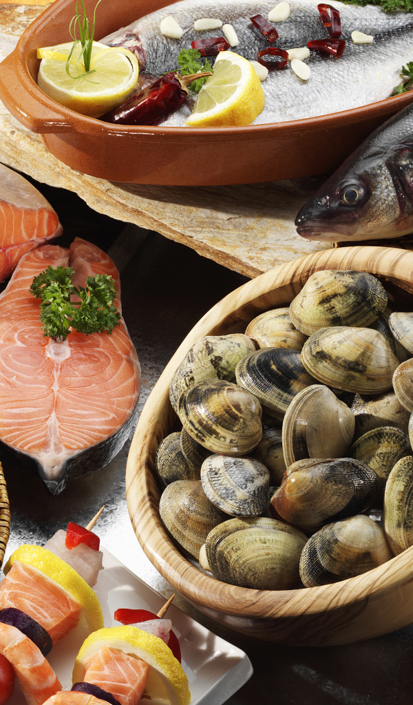 Mussels, prawns and fresh fish on the table