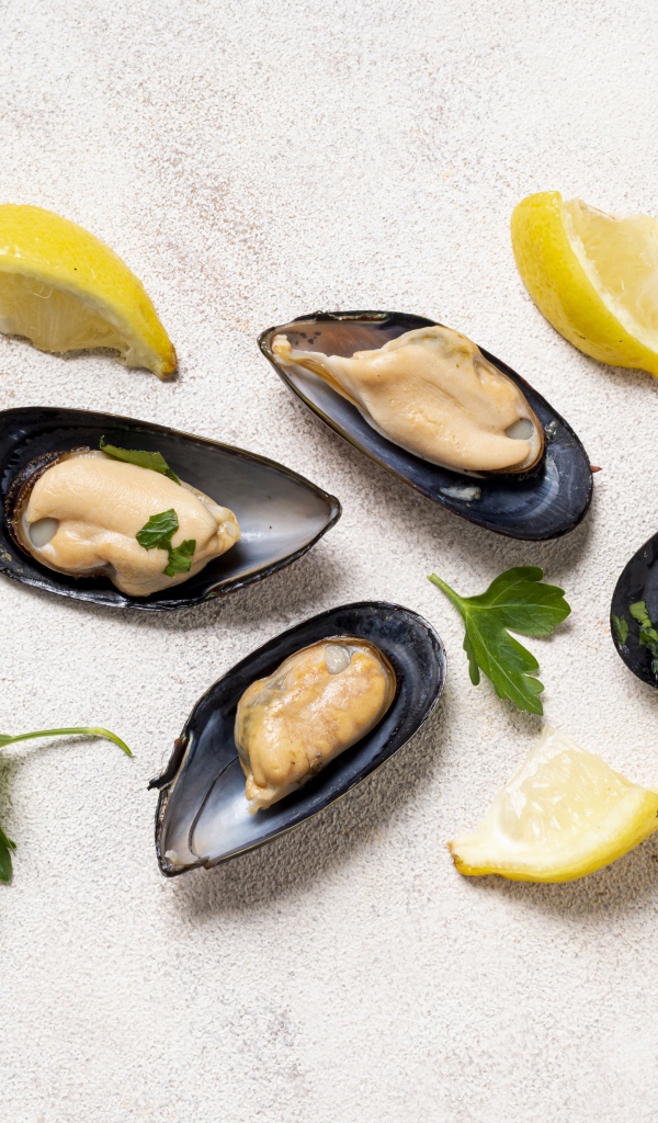 Мидии с кусочками лимона и петрушкой 