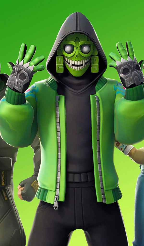 Персонажи компьютерной игры Fortnite 2 на зеленом фоне