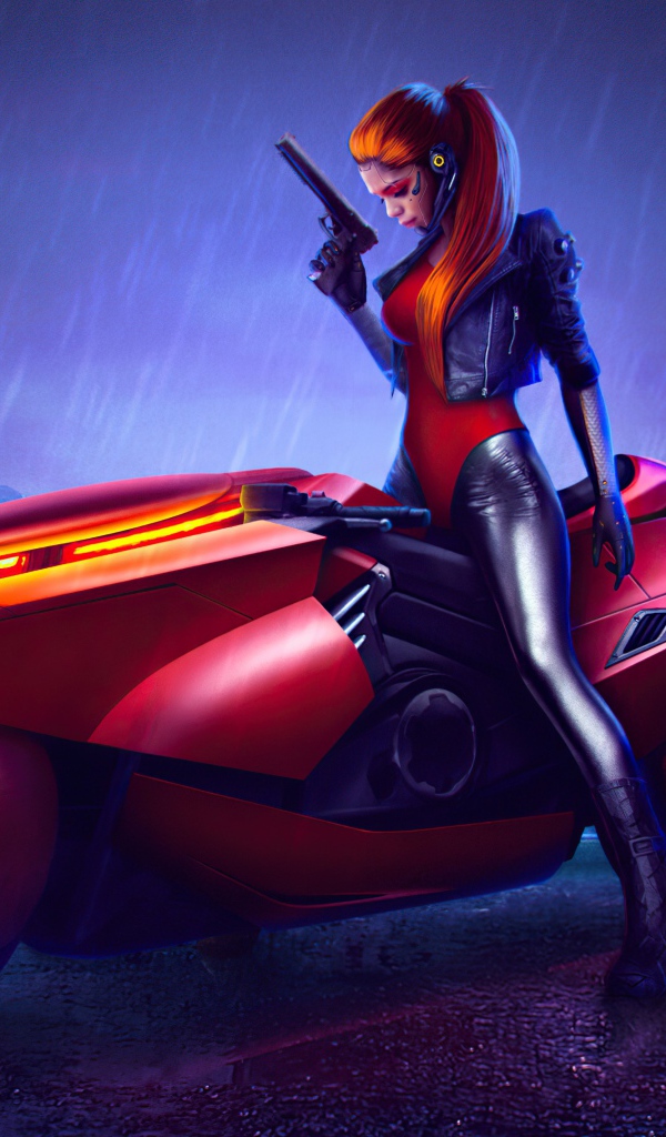 Девушка на фантастическом мотоцикле из видеоигры Cyberpunk