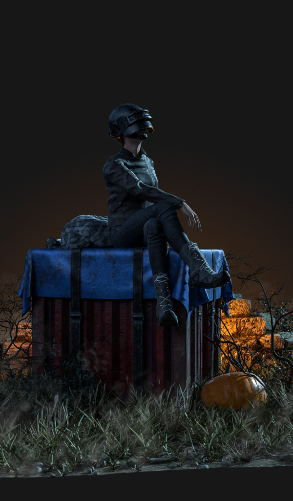 PUBG computer game character sits on a box