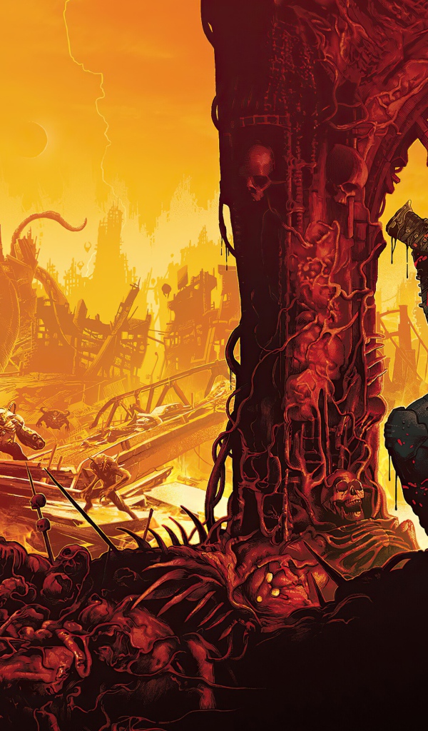 Солдат и монстры из компьютерной игры Doom Eternal, 2020