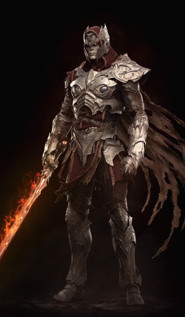 Warrior in iron armor with a fire sword in his hand