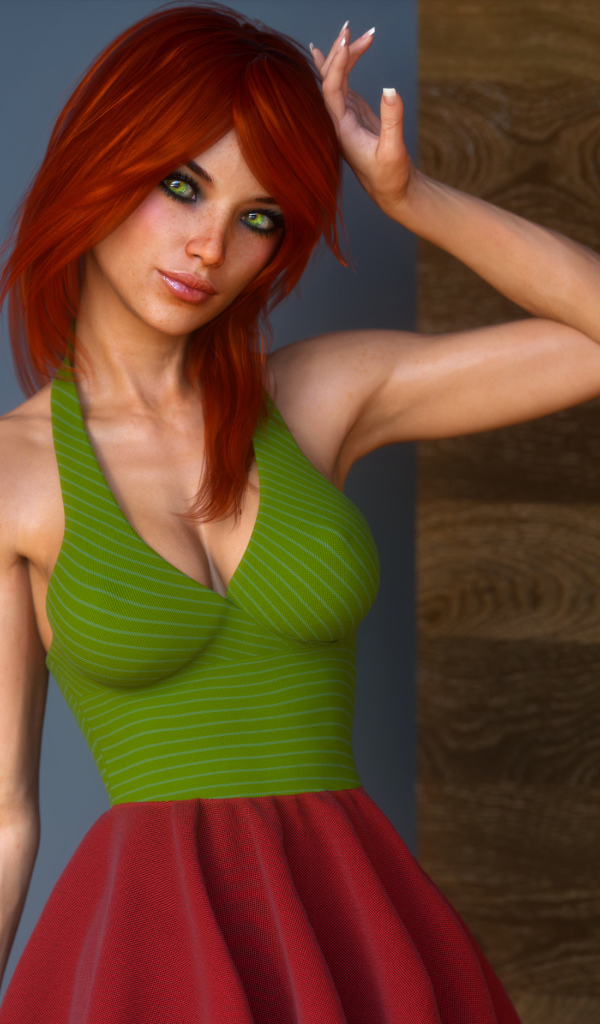 Рыжеволосая 3д девушка у стены