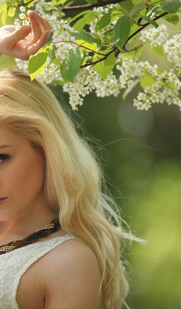 Красивая блондинка у ветки с белыми цветами