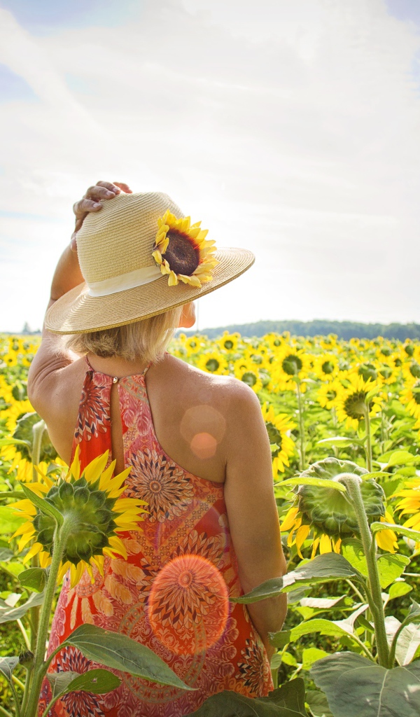 Красивая девушка в шляпке на поле с подсолнухами летом