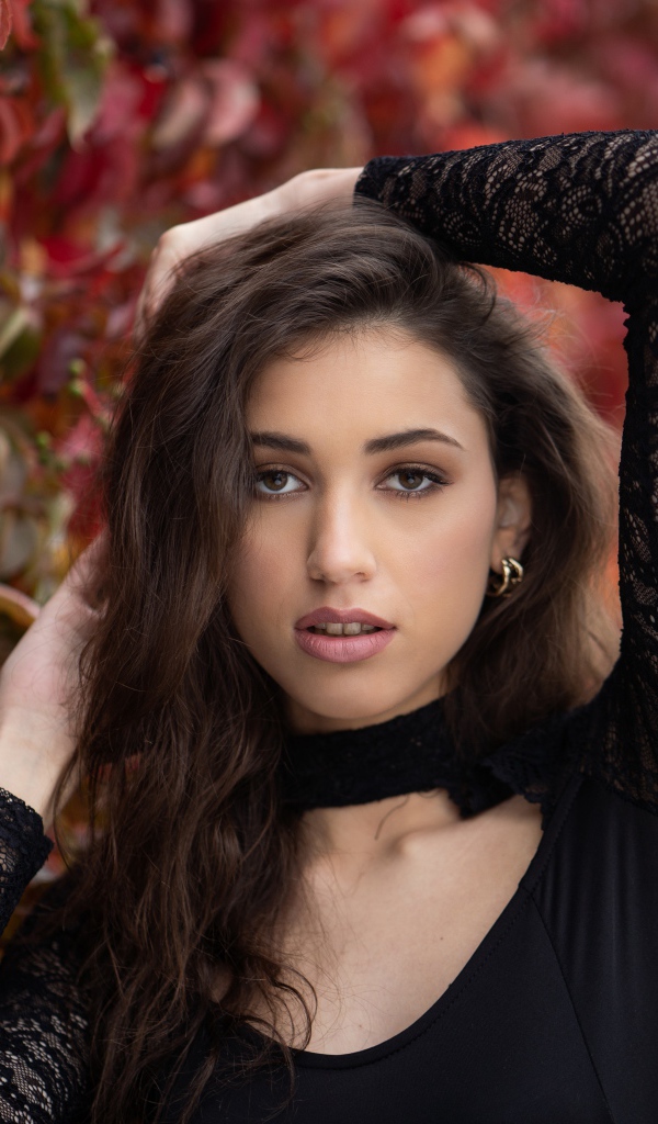 Красивая длинноволосая шатенка в черном платье