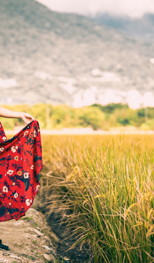 Молодая азиатка в сарафане на рисовом поле 