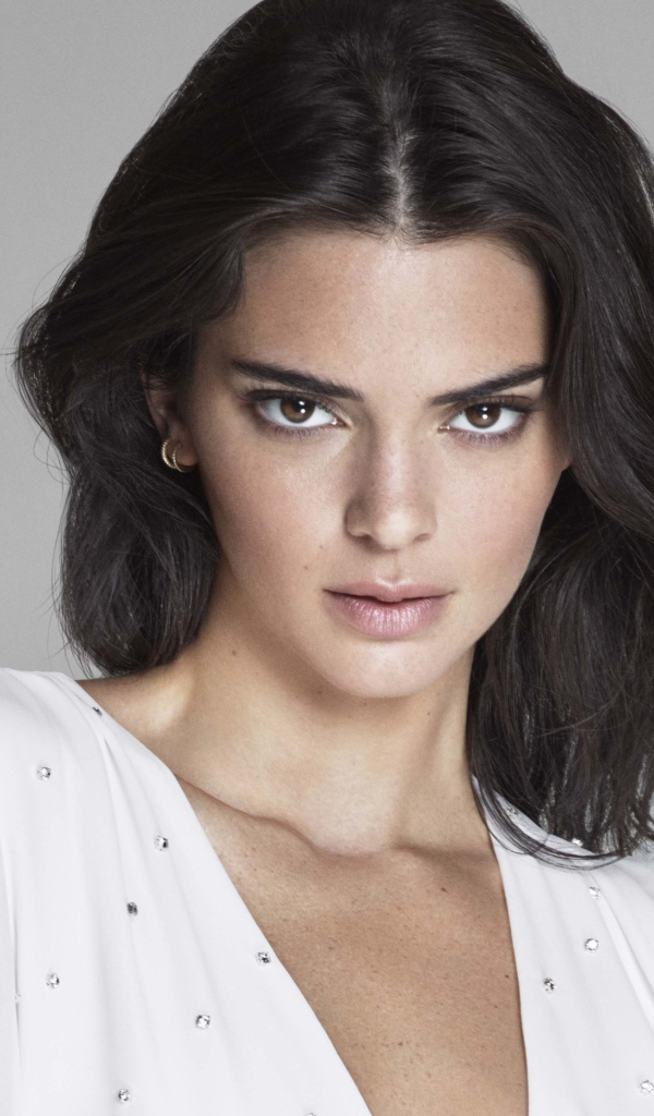 Взгляд брюнетки Кендалл Дженнер на сером фоне