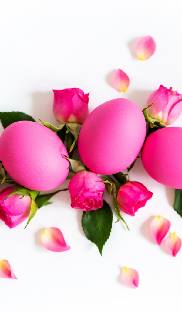 Розовые крашеные яйца с розами на белом фоне на Пасху