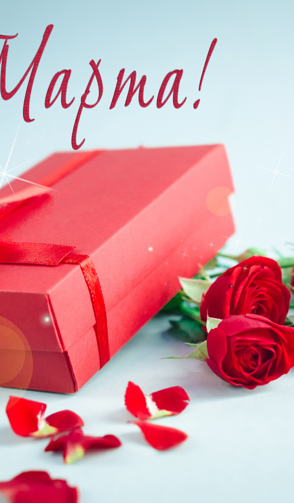 Красные розы с подарком на голубом фоне на 8 марта