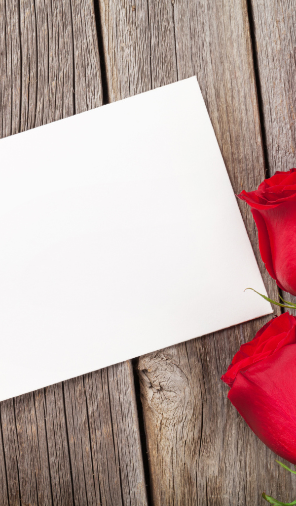 Три красные розы и лист бумаги, шаблон поздравительной открытки