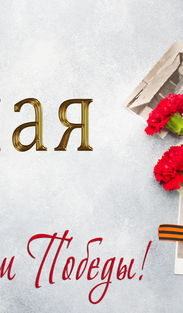 Георгиевская лента, букет красных гвоздик и старые фото, открытка на День Победы 9 мая