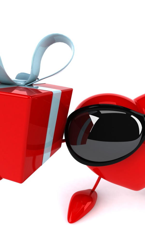 Сердце в черных очках с подарком на белом фоне на 14 февраля